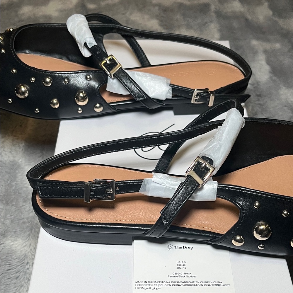 The Drop Tammie Pointed Toe Black Studded Slingback Flats - Picture 4 of 11